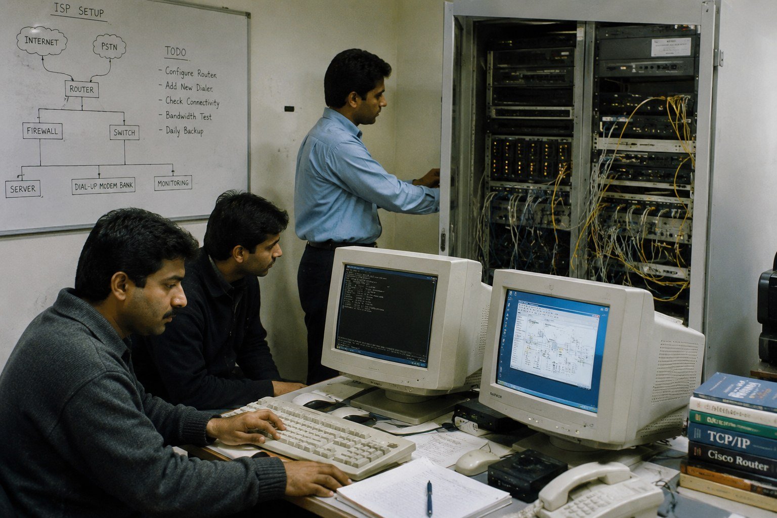 A small ISP technical team in Pakistan around 2000, working at CRT monitors in front of a server rack and a whiteboard diagram of the network setup
