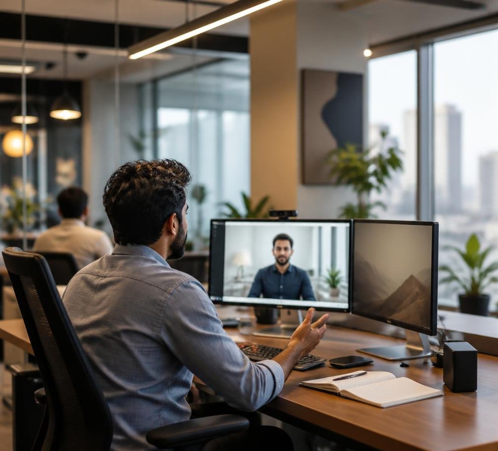 A professional in a modern office on a video call with an overseas colleague